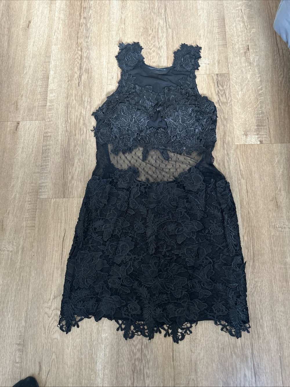 CQbyCQ Womens M Black Lace Mini Dress Sheer Bodice 3D Floral Overlay Night Out